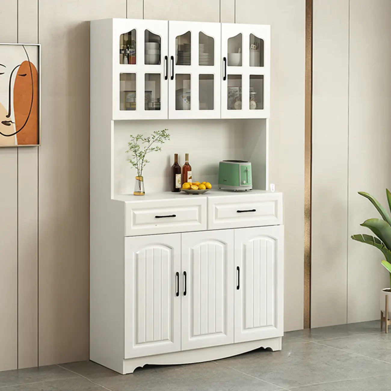 Buffet de cuisine en bois à plusieurs compartiments de rangement avec support pour micro-ondes