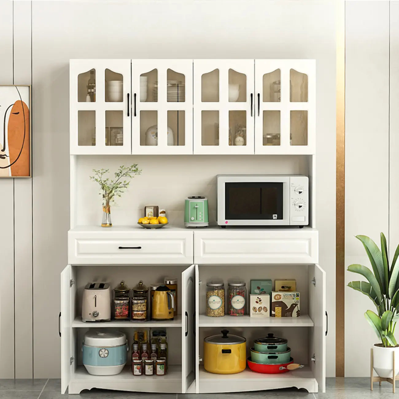 Buffet de cuisine en bois à plusieurs compartiments de rangement avec support pour micro-ondes