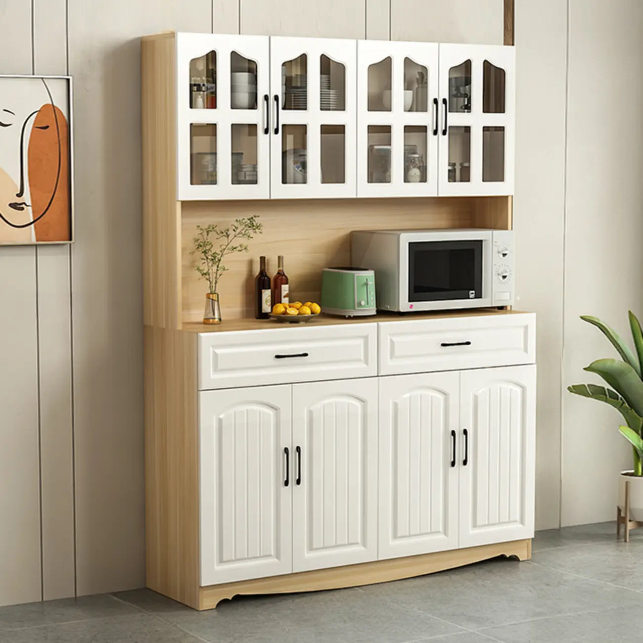 Buffet de cuisine en bois à plusieurs compartiments de rangement avec support pour micro-ondes