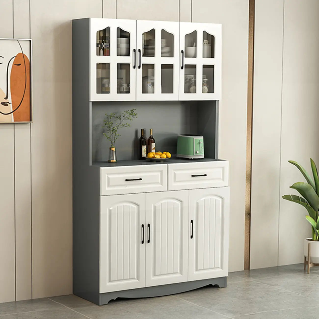 Buffet de cuisine en bois à plusieurs compartiments de rangement avec support pour micro-ondes