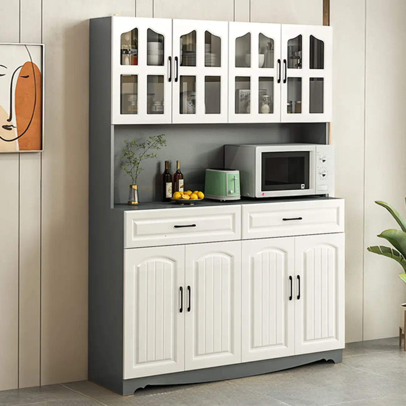 Buffet de cuisine en bois à plusieurs compartiments de rangement avec support pour micro-ondes