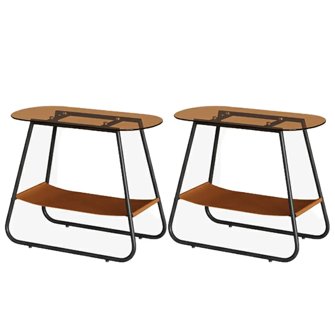 Table d'appoint ovale avec plateau en verre brun et structure en métal