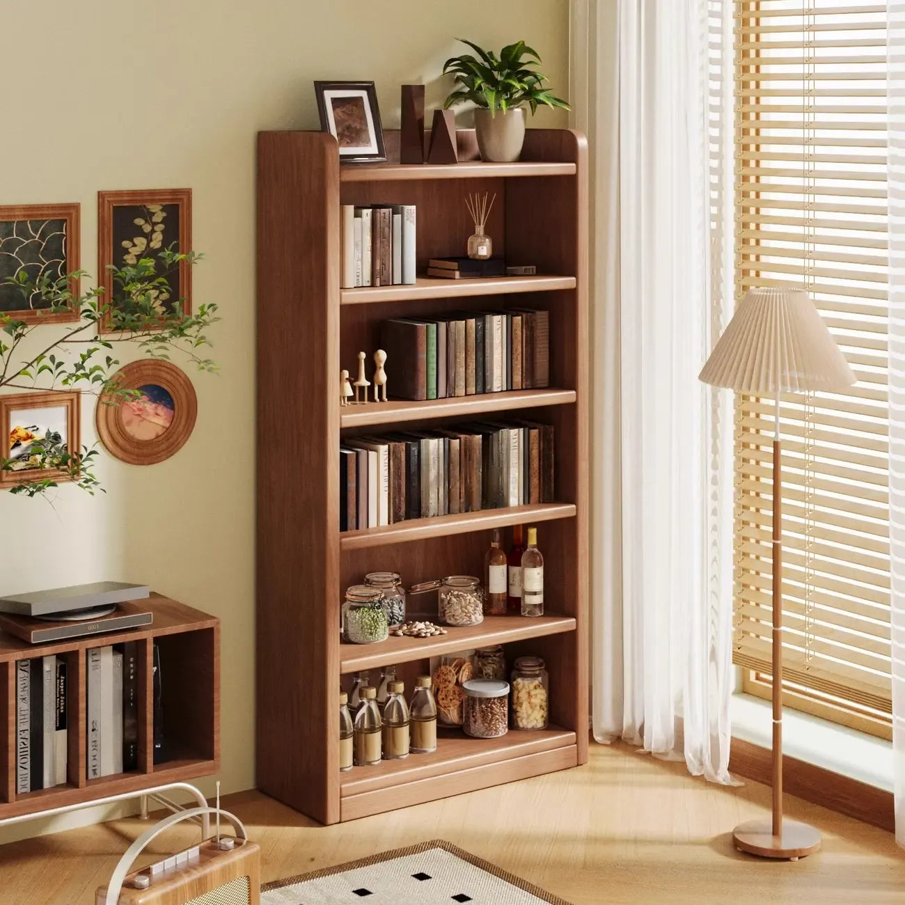 Bibliothèque verticale ouverte en bois brun résistant, à 5 étagères