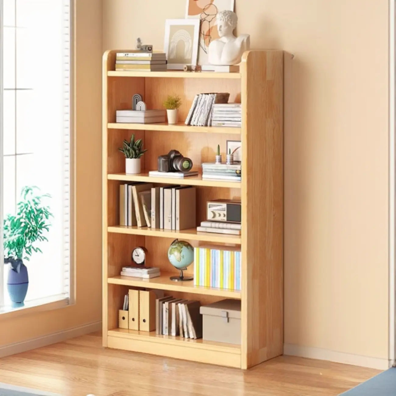 Bibliothèque verticale ouverte en bois brun résistant, à 5 étagères