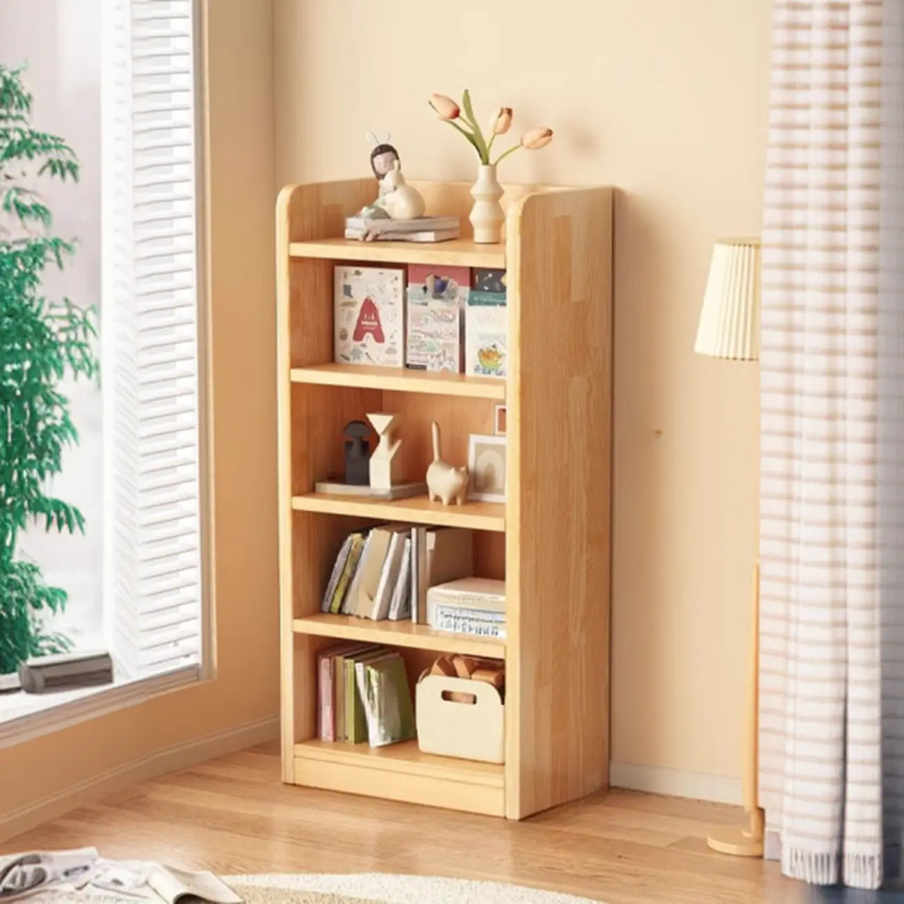 Bibliothèque verticale ouverte en bois brun résistant, à 5 étagères