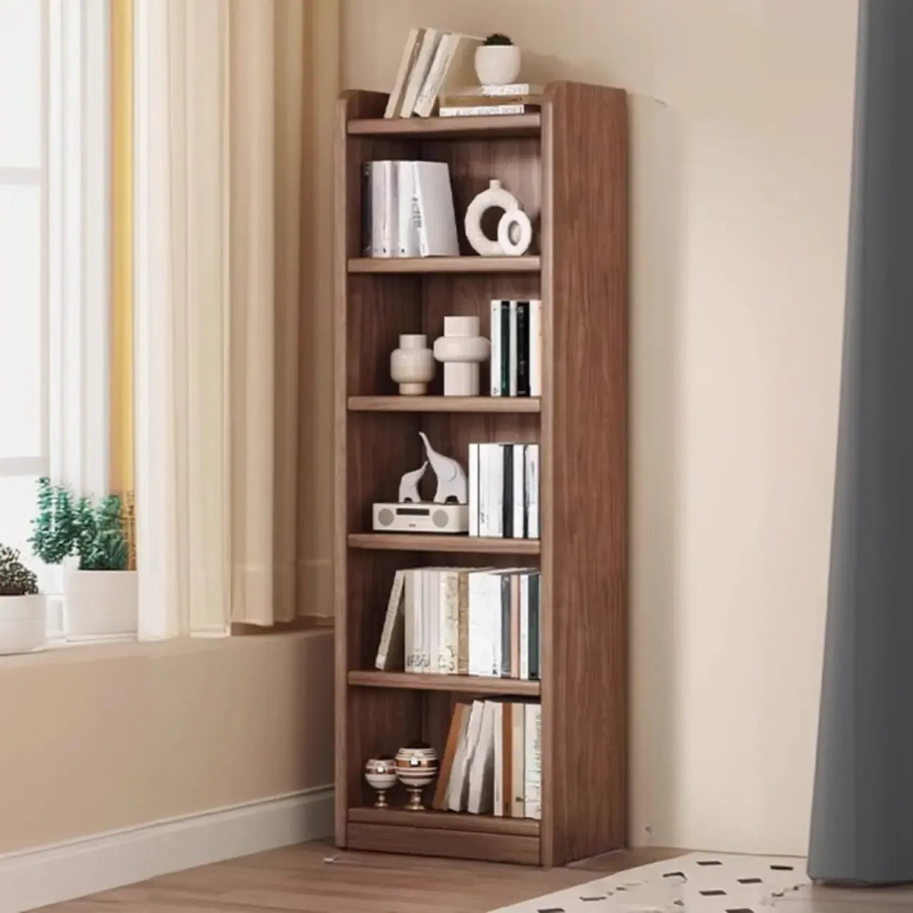Bibliothèque verticale ouverte en bois brun résistant, à 5 étagères
