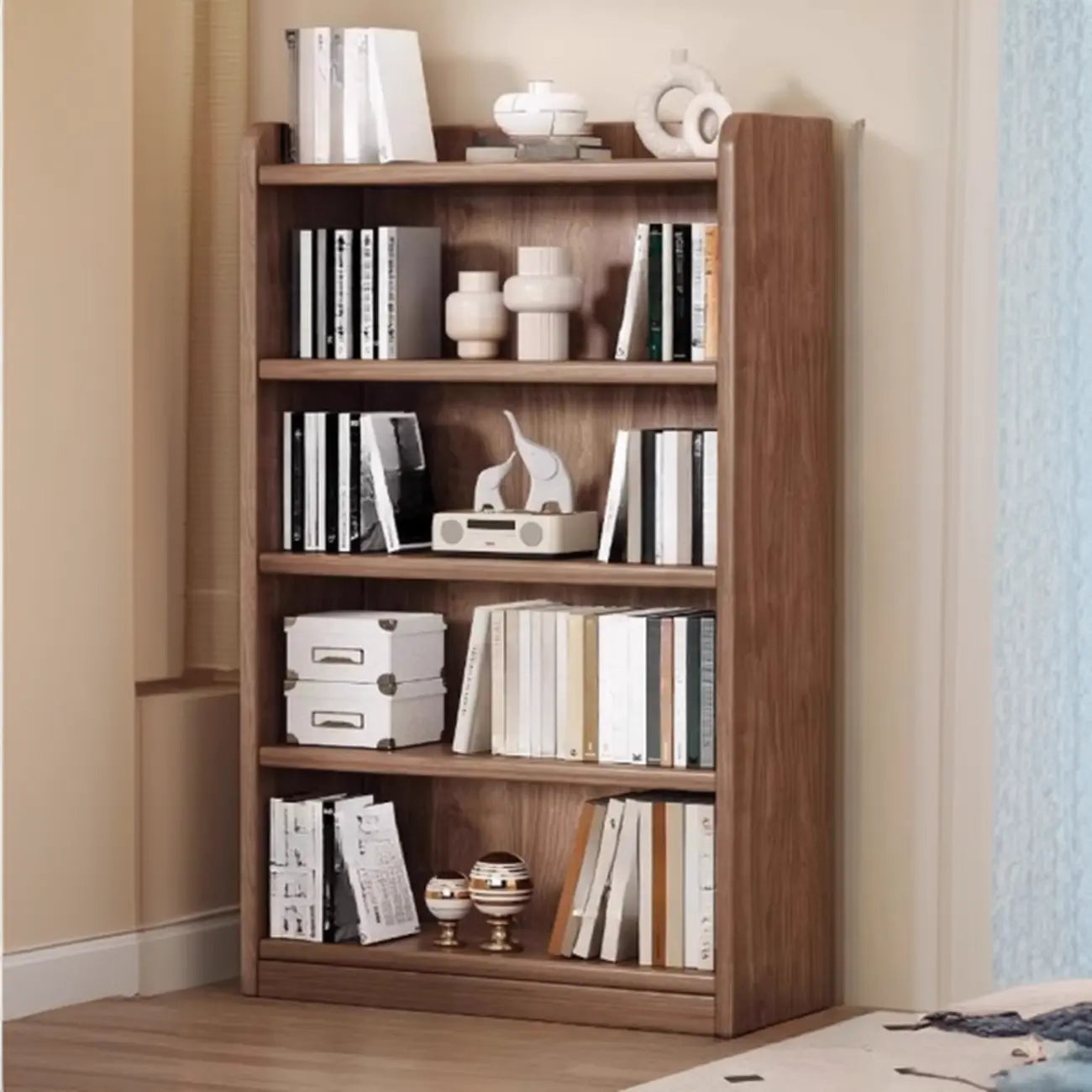 Bibliothèque verticale ouverte en bois brun résistant, à 5 étagères