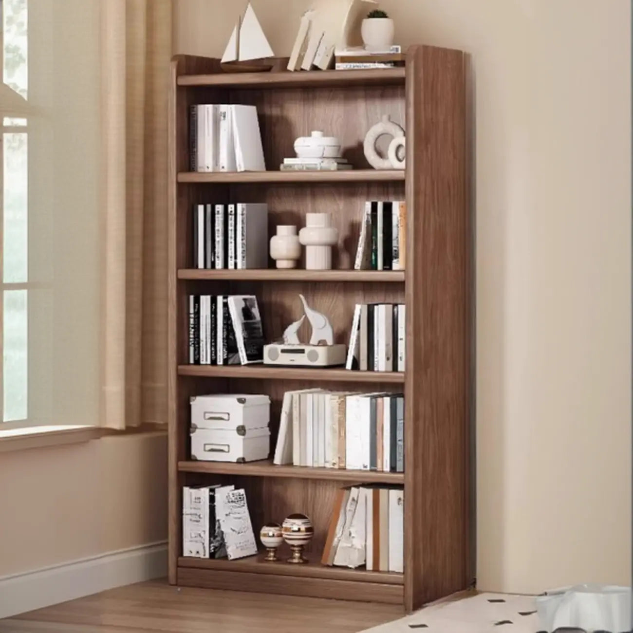 Bibliothèque verticale ouverte en bois brun résistant, à 5 étagères