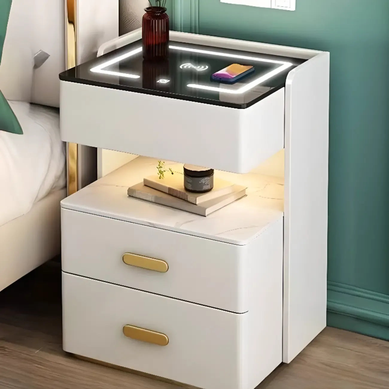 Table de chevet avec tiroir de rangement et chargeur sans fil LED
