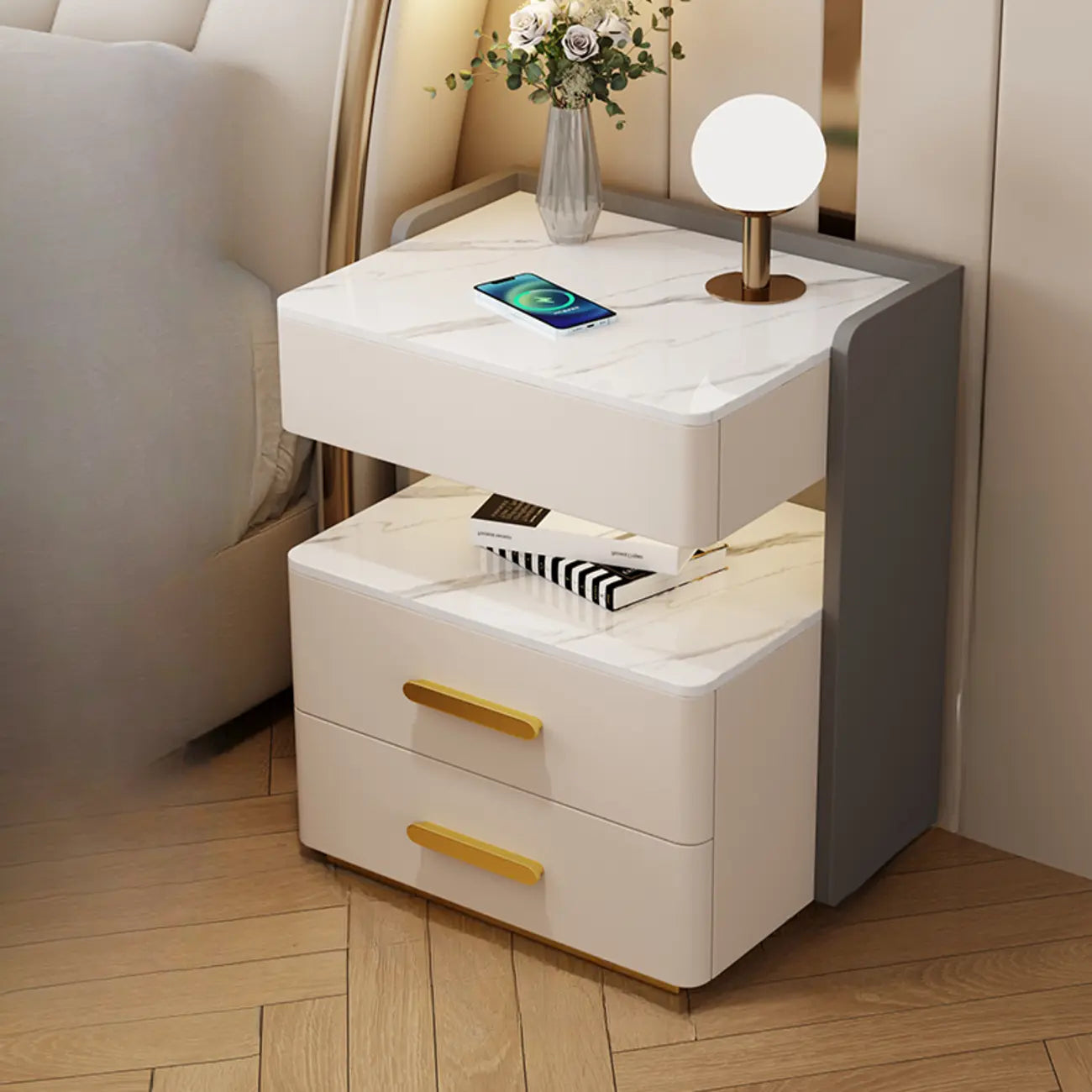 Table de chevet avec tiroir de rangement et chargeur sans fil LED