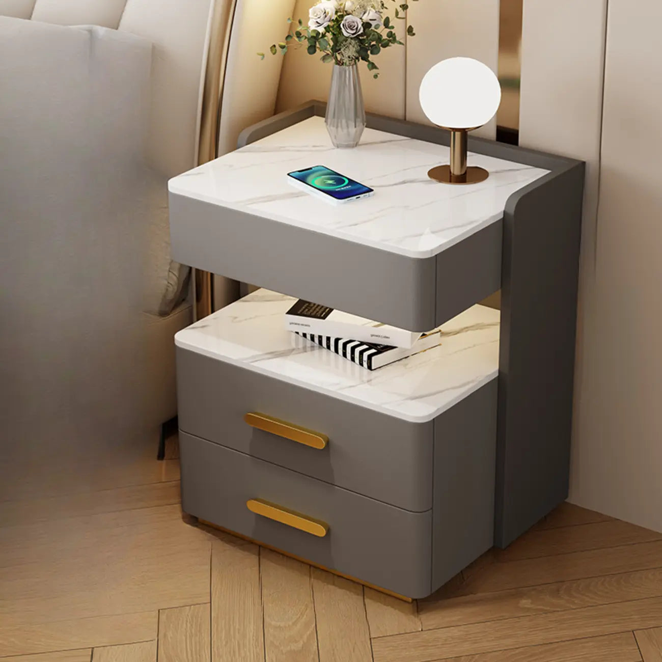 Table de chevet avec tiroir de rangement et chargeur sans fil LED