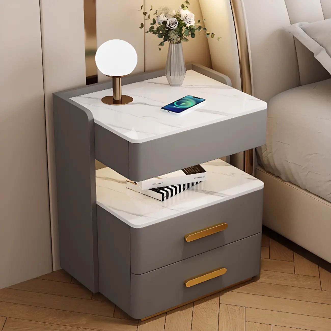 Table de chevet avec tiroir de rangement et chargeur sans fil LED