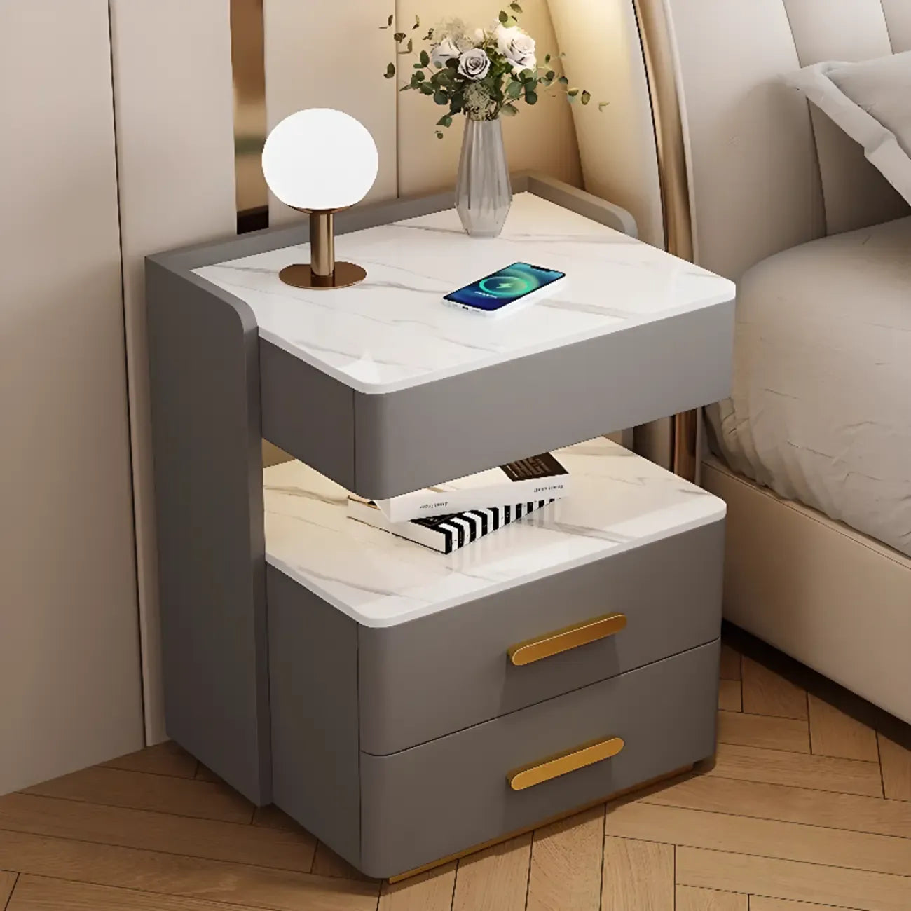 Table de chevet avec tiroir de rangement et chargeur sans fil LED