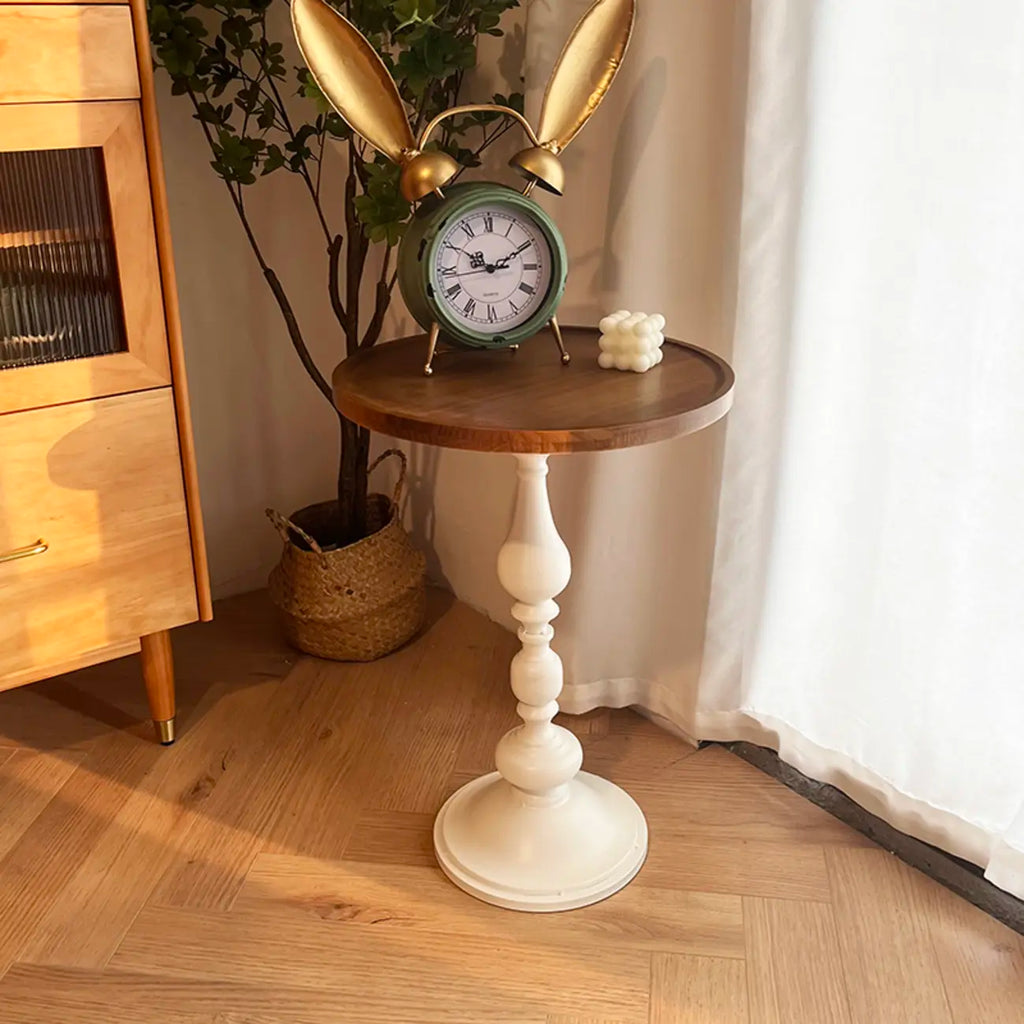 Table d'appoint ronde classique en bois brun et blanc sur pied