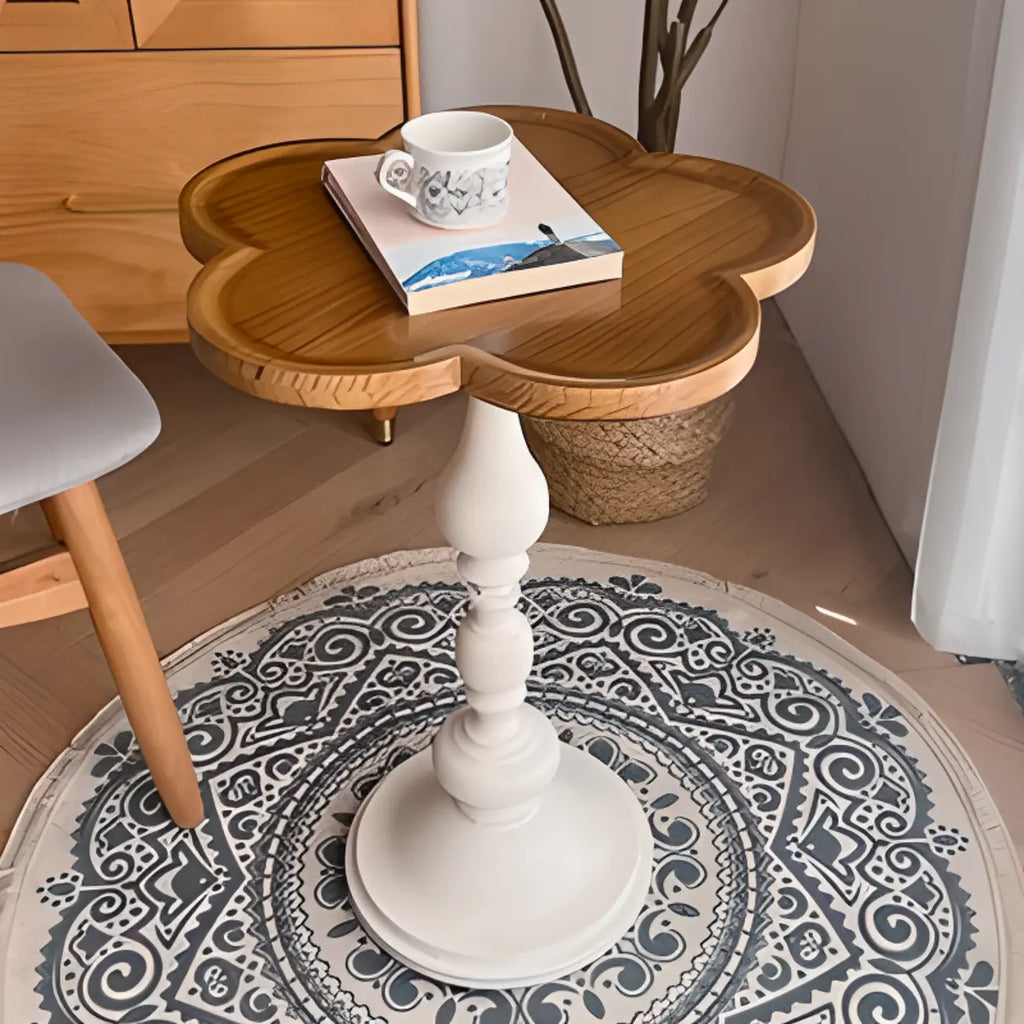 Table d'appoint ronde classique en bois brun et blanc sur pied