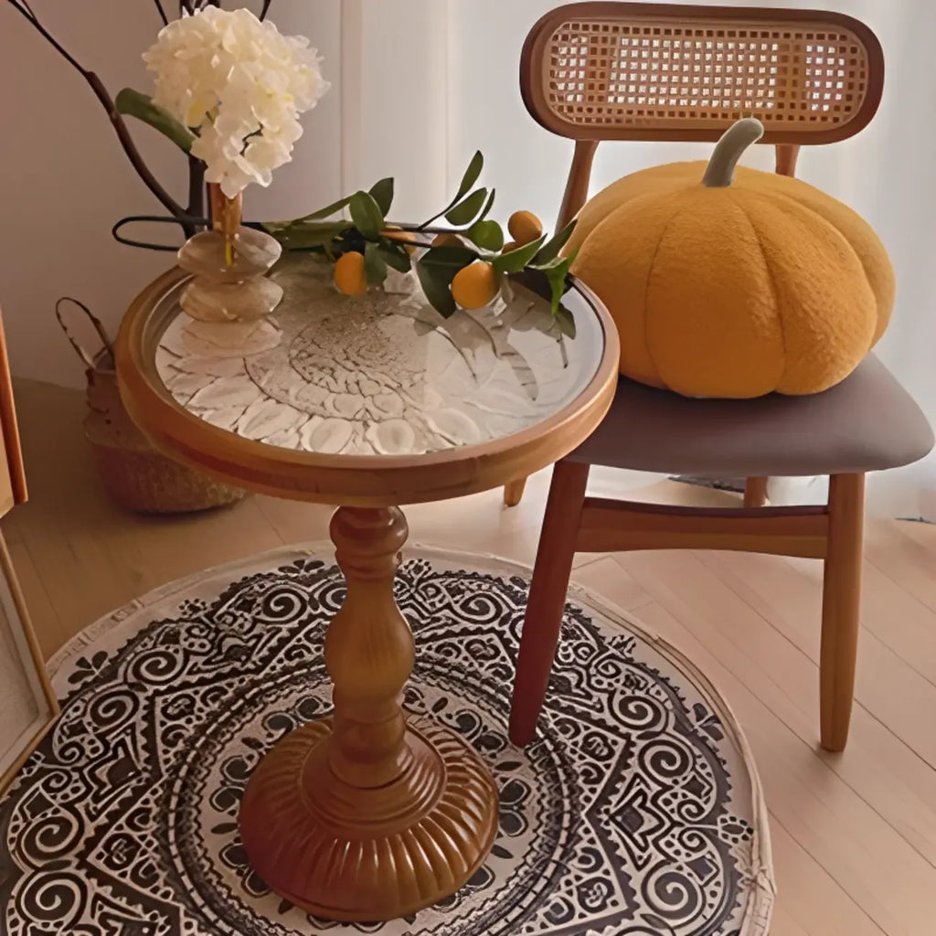 Table d'appoint ronde classique en bois brun et blanc sur pied