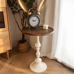 Table d'appoint ronde classique en bois brun et blanc sur pied