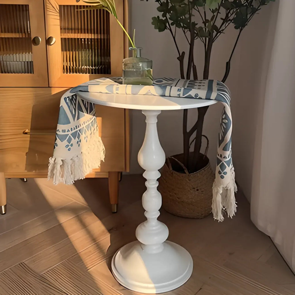 Table d'appoint ronde classique en bois brun et blanc sur pied