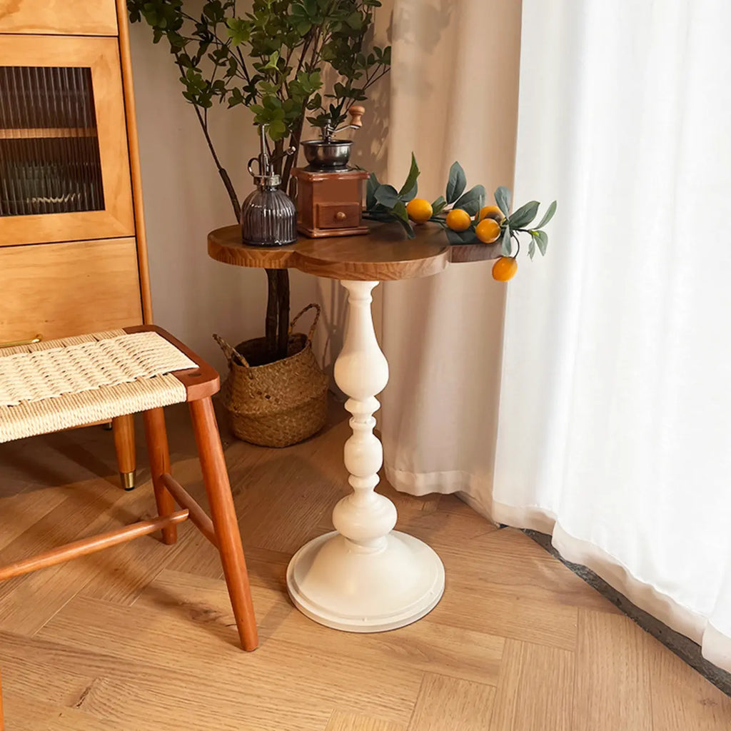 Table d'appoint ronde classique en bois brun et blanc sur pied