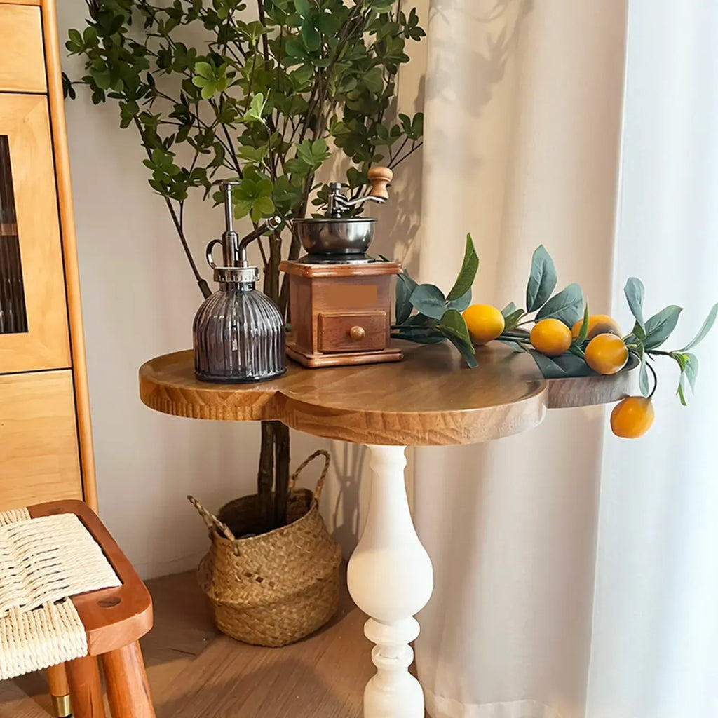 Table d'appoint ronde classique en bois brun et blanc sur pied