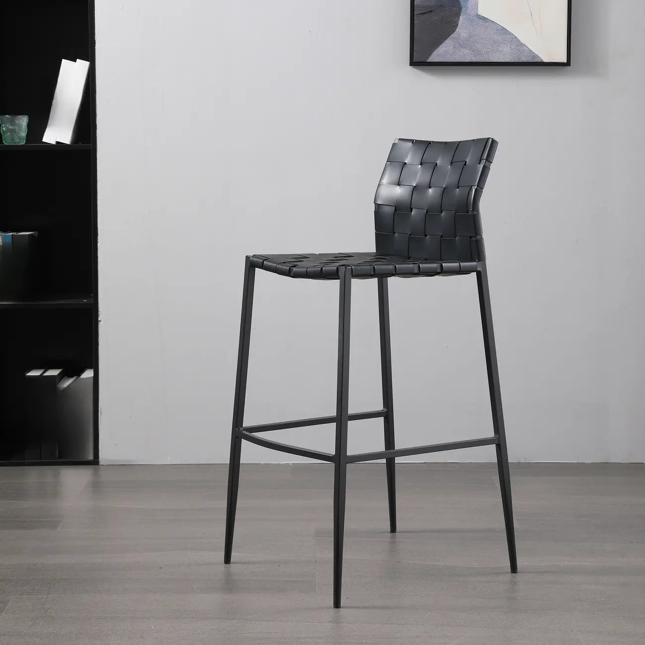 Tabourets de bar modernes avec dossier, assise en cuir texturé tissé