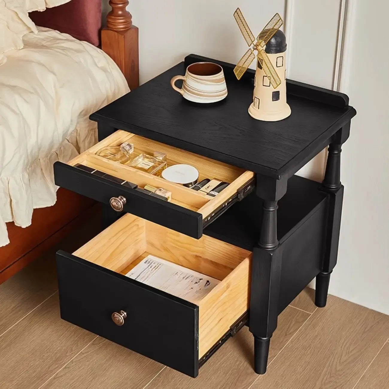 Table de chevet en bois noir à 2 tiroirs, style campagne française