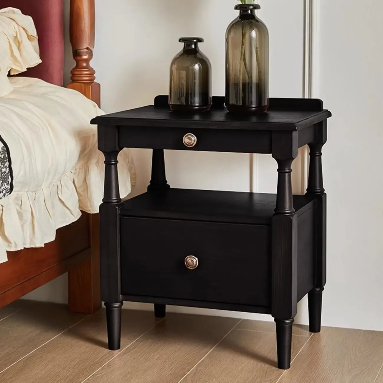 Table de chevet en bois noir à 2 tiroirs, style campagne française