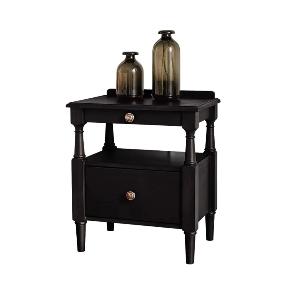 Table de chevet en bois noir à 2 tiroirs, style campagne française