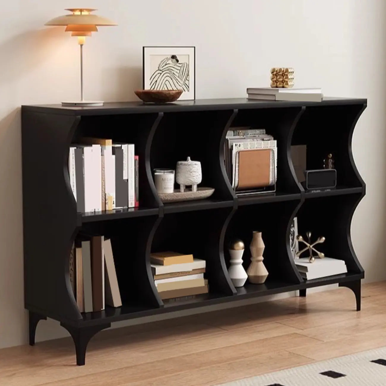 Bibliothèque modulaire moderne en bois noir à 2 niveaux en forme de cube