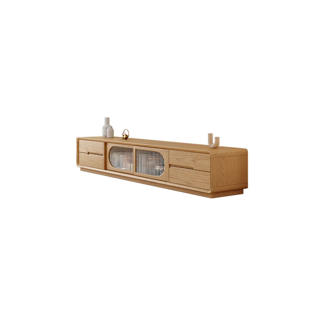 Meuble TV long en bois naturel à 4 tiroirs avec portes vitrées