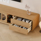 Meuble TV long en bois naturel à 4 tiroirs avec portes vitrées