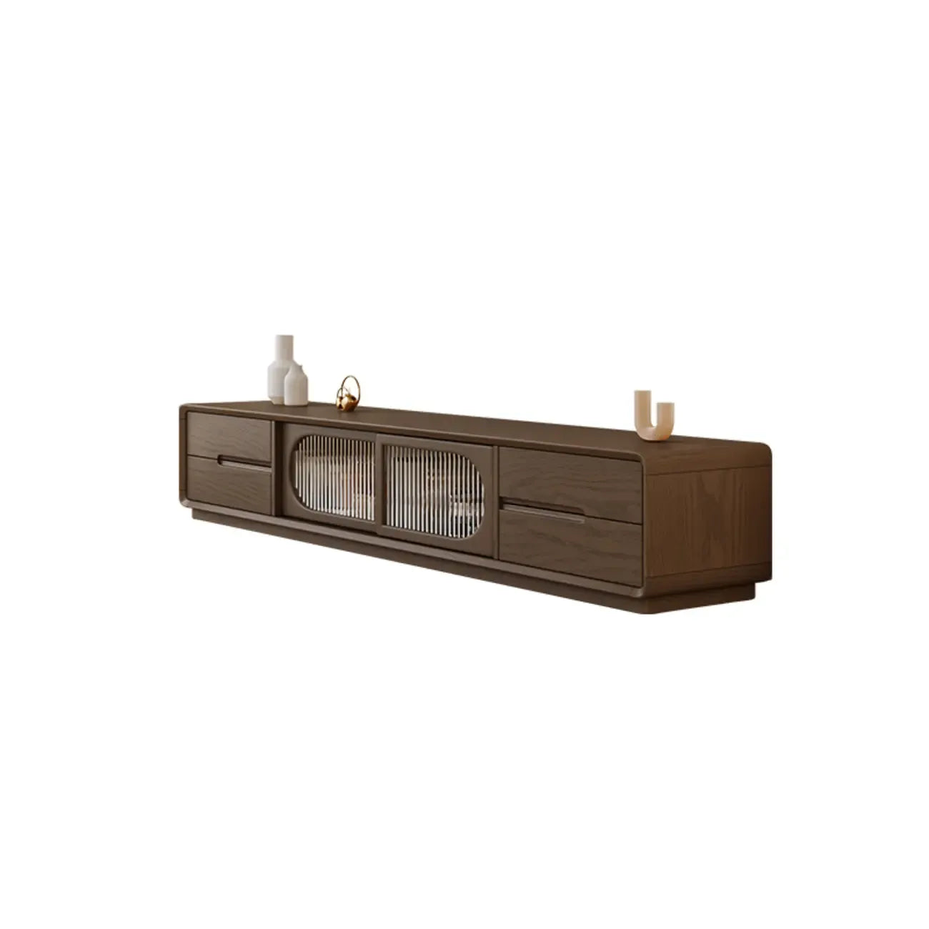 Meuble TV long en bois naturel à 4 tiroirs avec portes vitrées