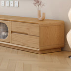 Meuble TV long en bois naturel à 4 tiroirs avec portes vitrées