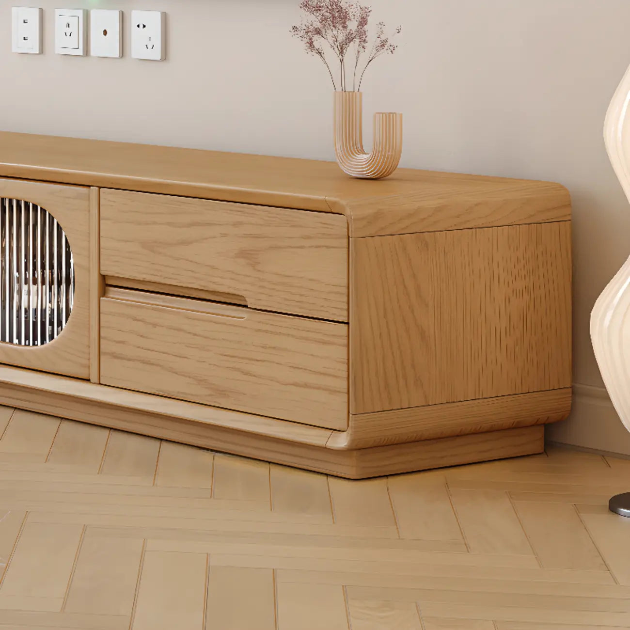 Meuble TV long en bois naturel à 4 tiroirs avec portes vitrées