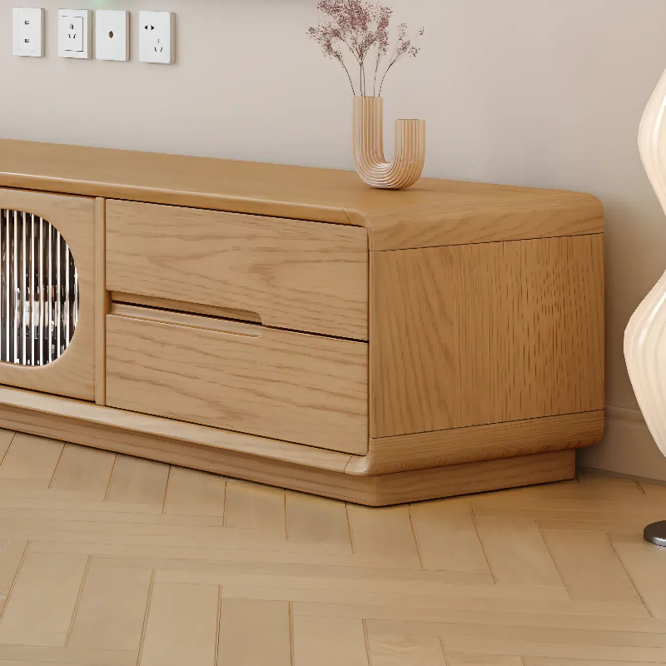 Meuble TV long en bois naturel à 4 tiroirs avec portes vitrées