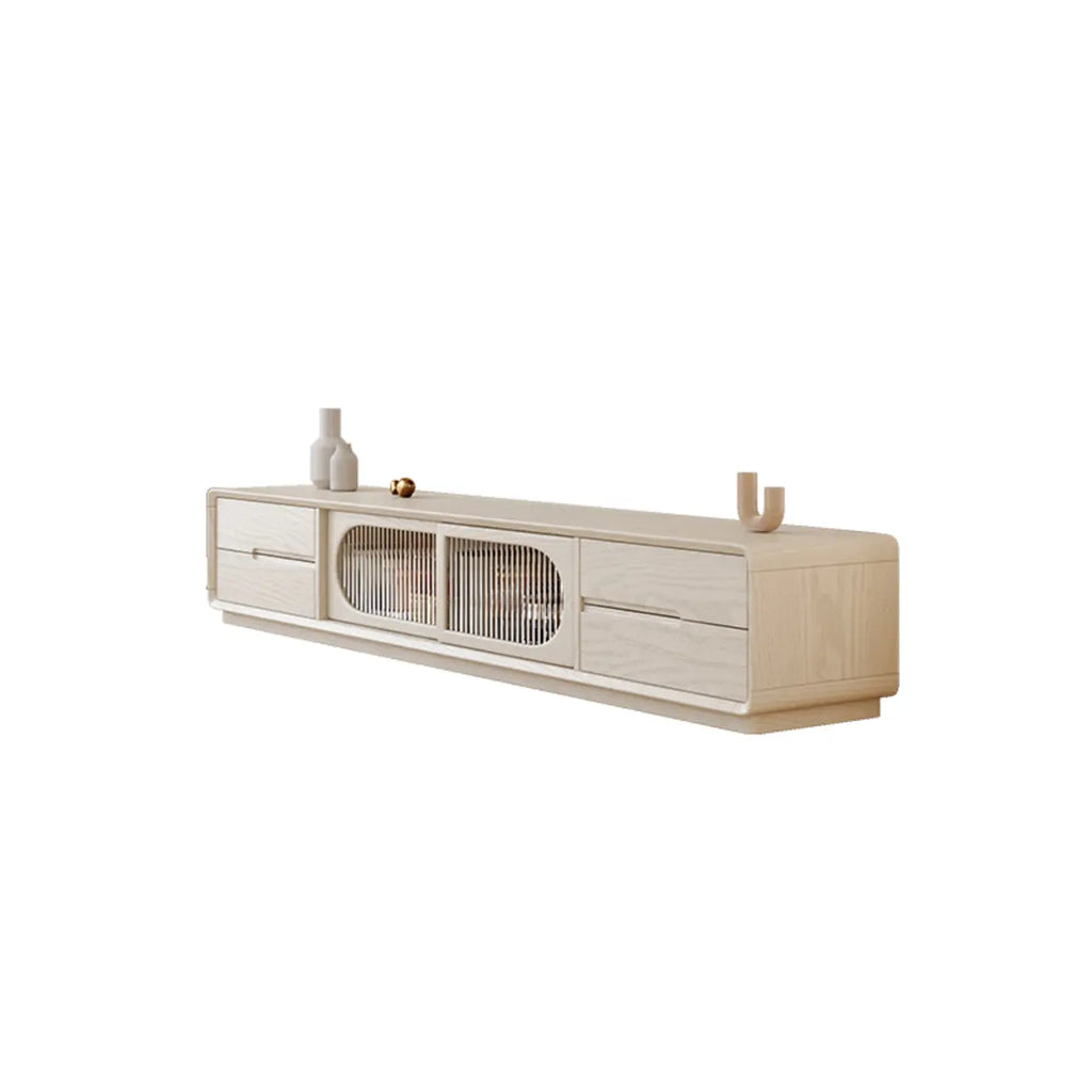 Meuble TV long en bois naturel à 4 tiroirs avec portes vitrées