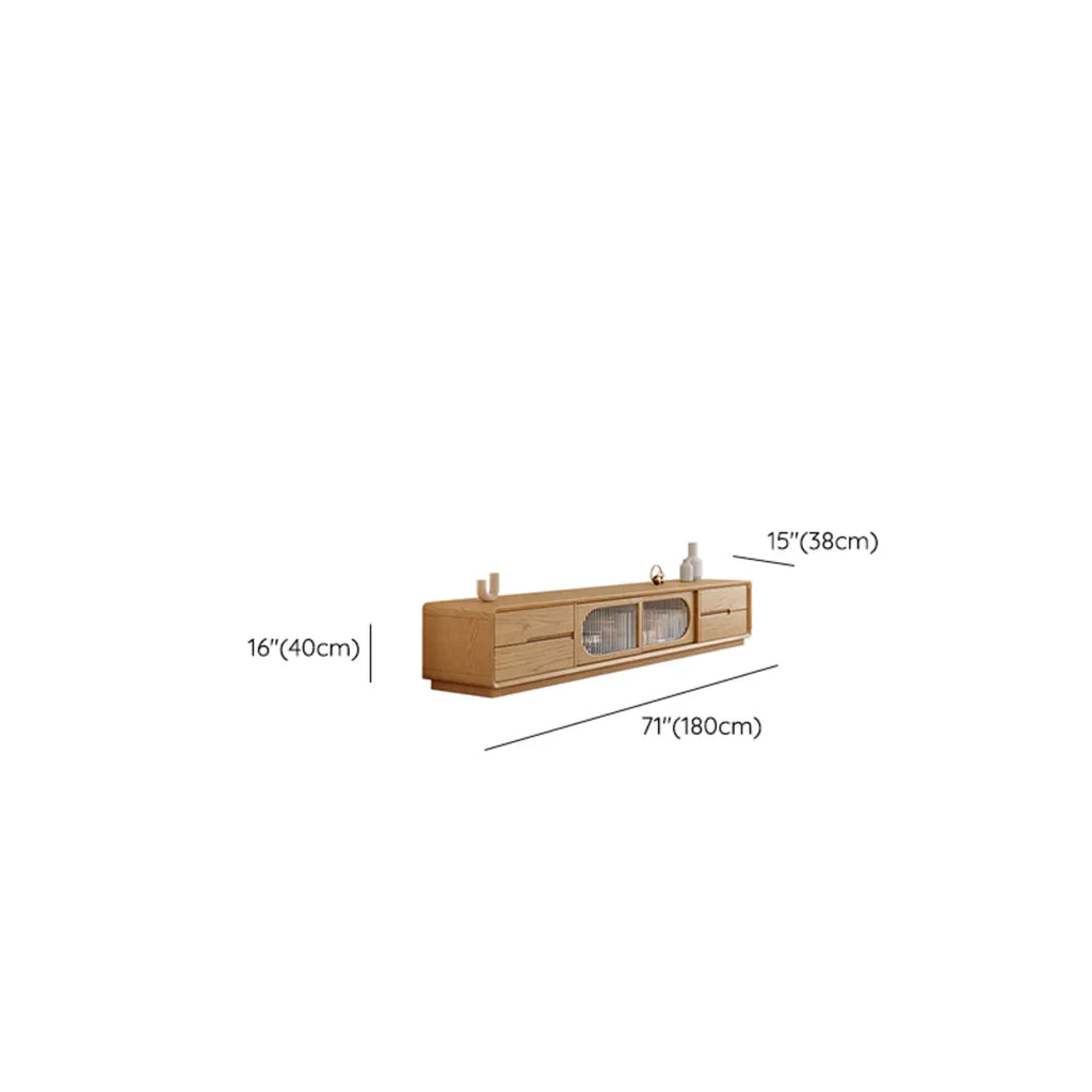 Meuble TV long en bois naturel à 4 tiroirs avec portes vitrées