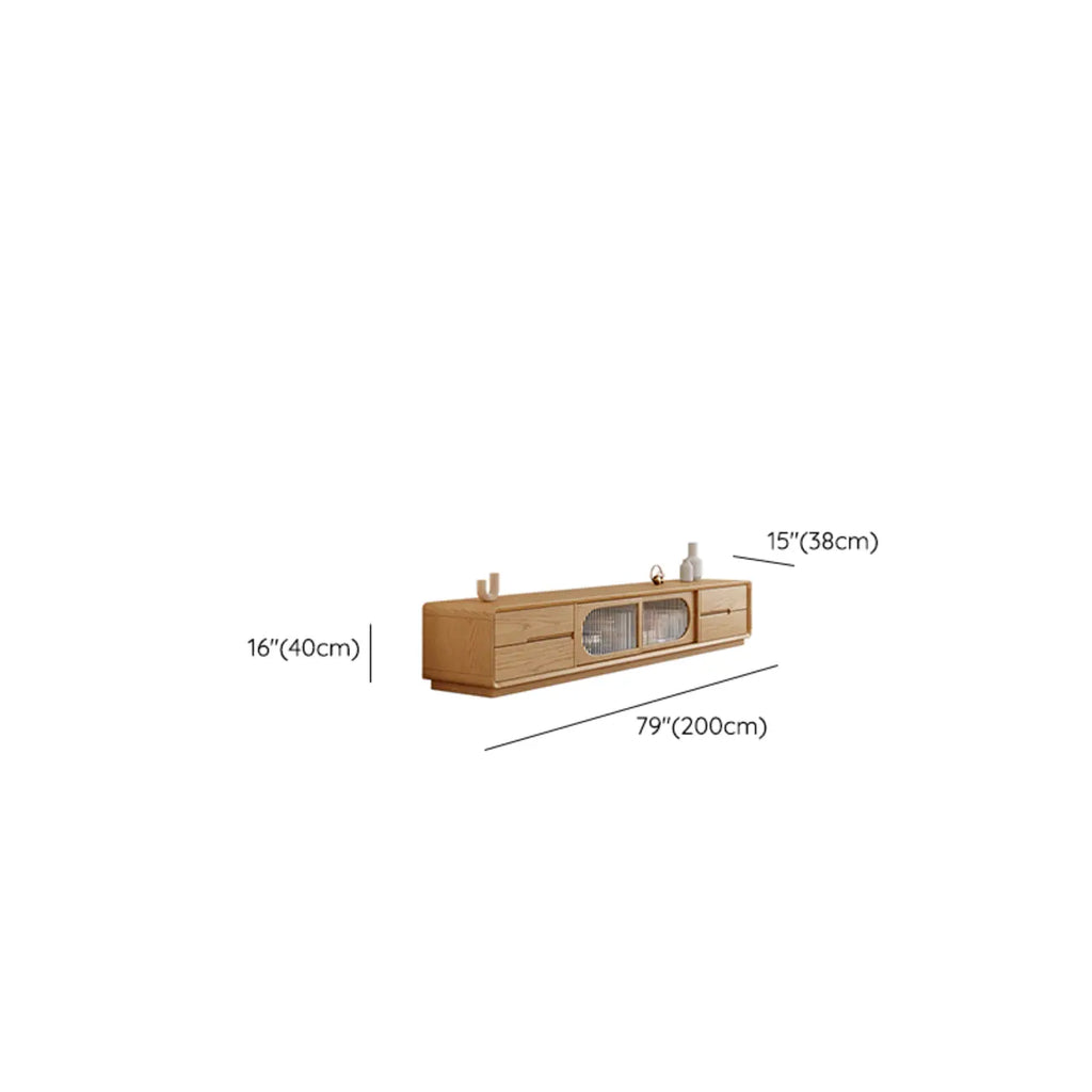 Meuble TV long en bois naturel à 4 tiroirs avec portes vitrées