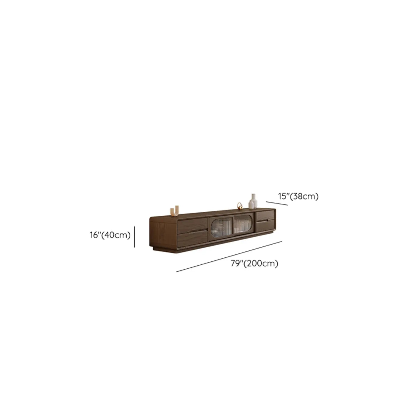 Meuble TV long en bois naturel à 4 tiroirs avec portes vitrées