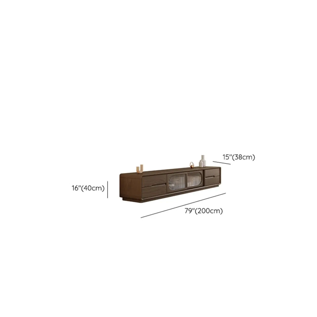 Meuble TV long en bois naturel à 4 tiroirs avec portes vitrées