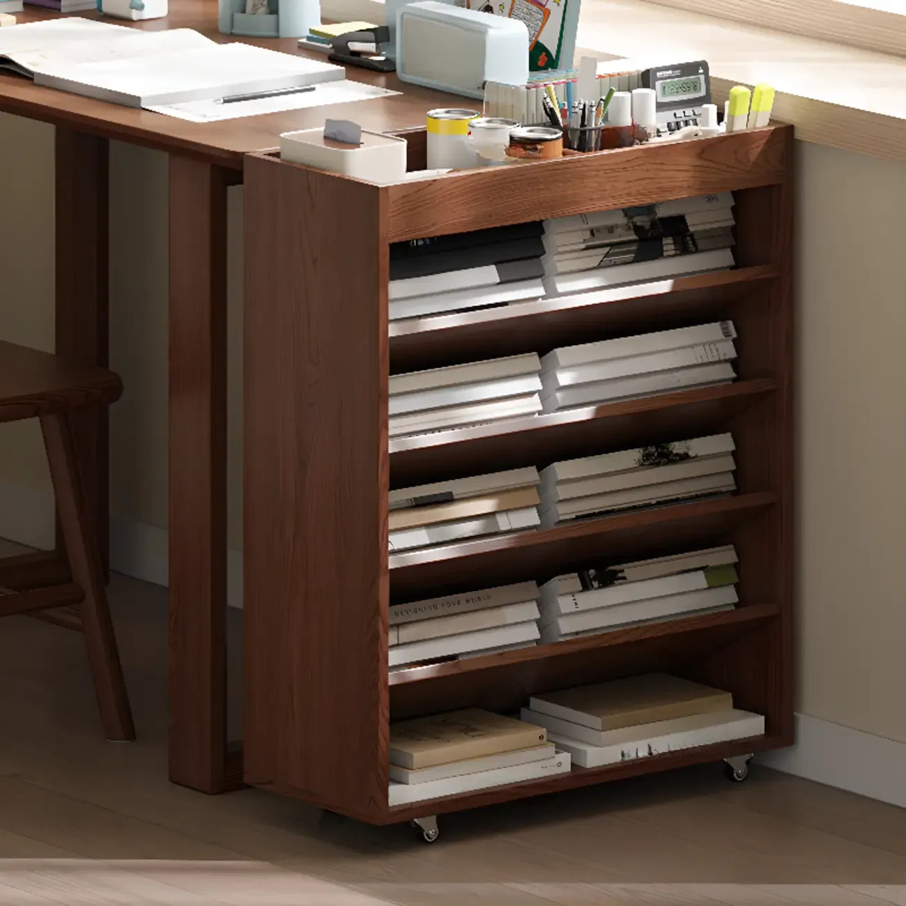 Bibliothèque verticale mobile à 5 étagères en bois brun noyer