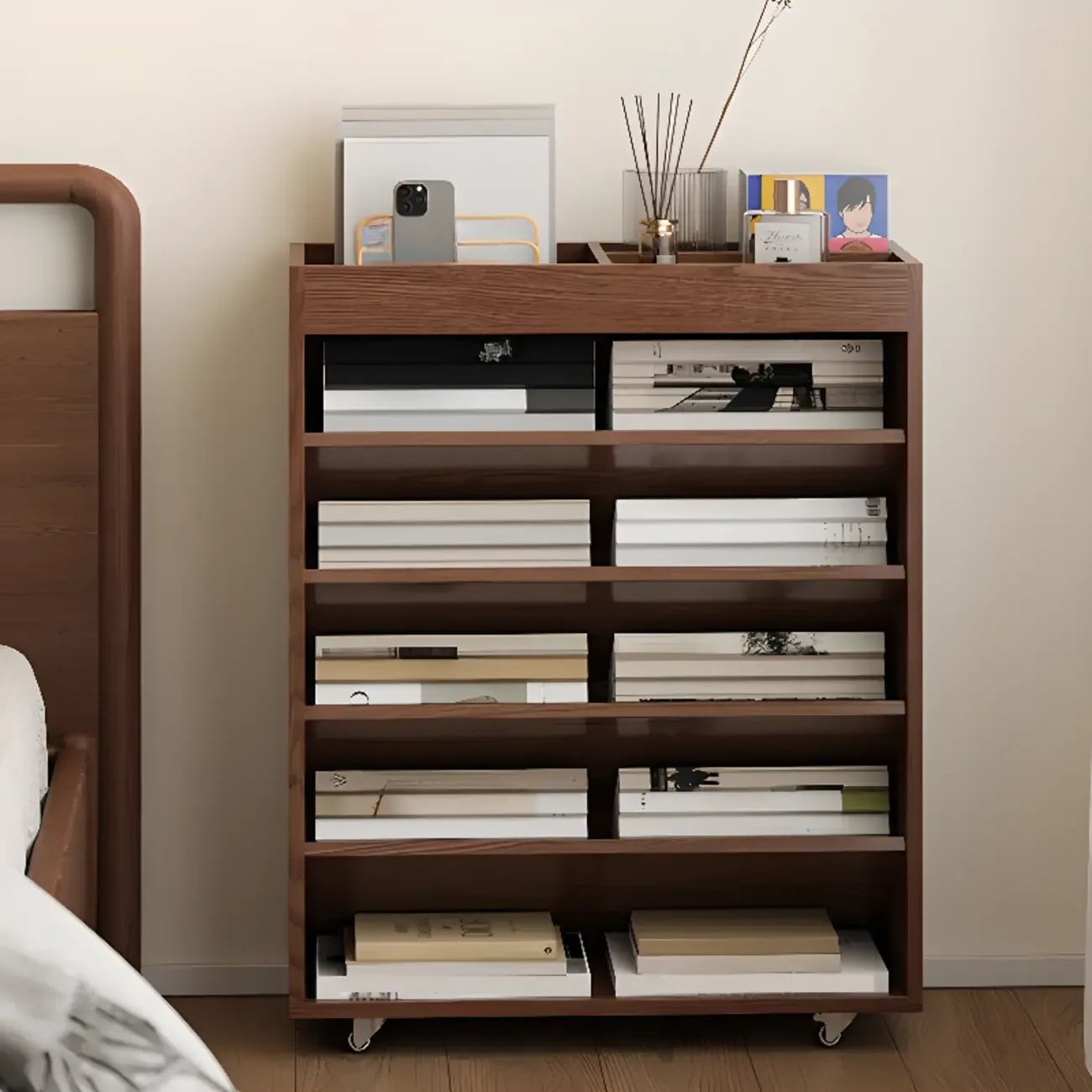 Bibliothèque verticale mobile à 5 étagères en bois brun noyer