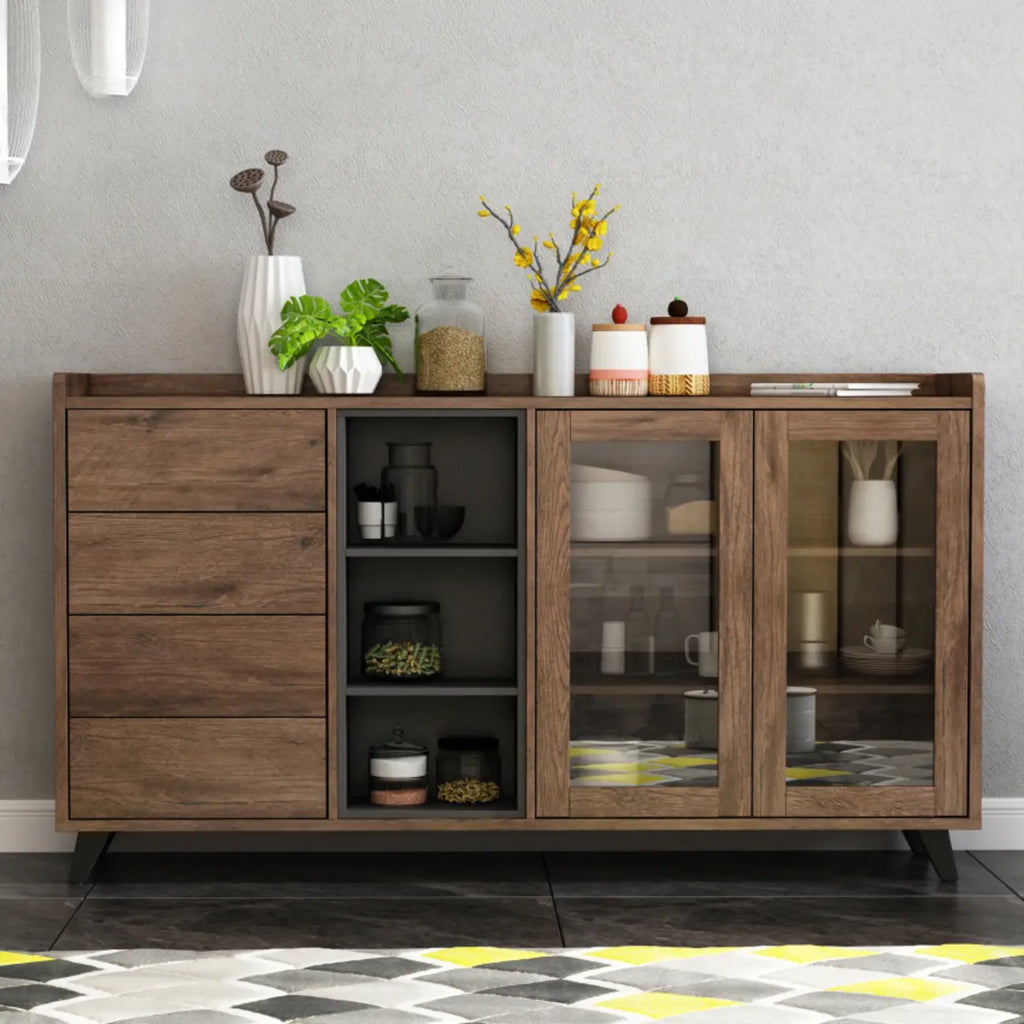 Credenza in legno tortora a 4 cassetti con ante in vetro