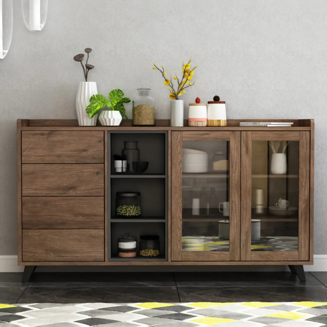Credenza in legno tortora a 4 cassetti con ante in vetro