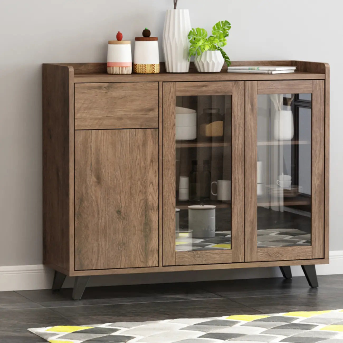 Credenza in legno tortora a 4 cassetti con ante in vetro