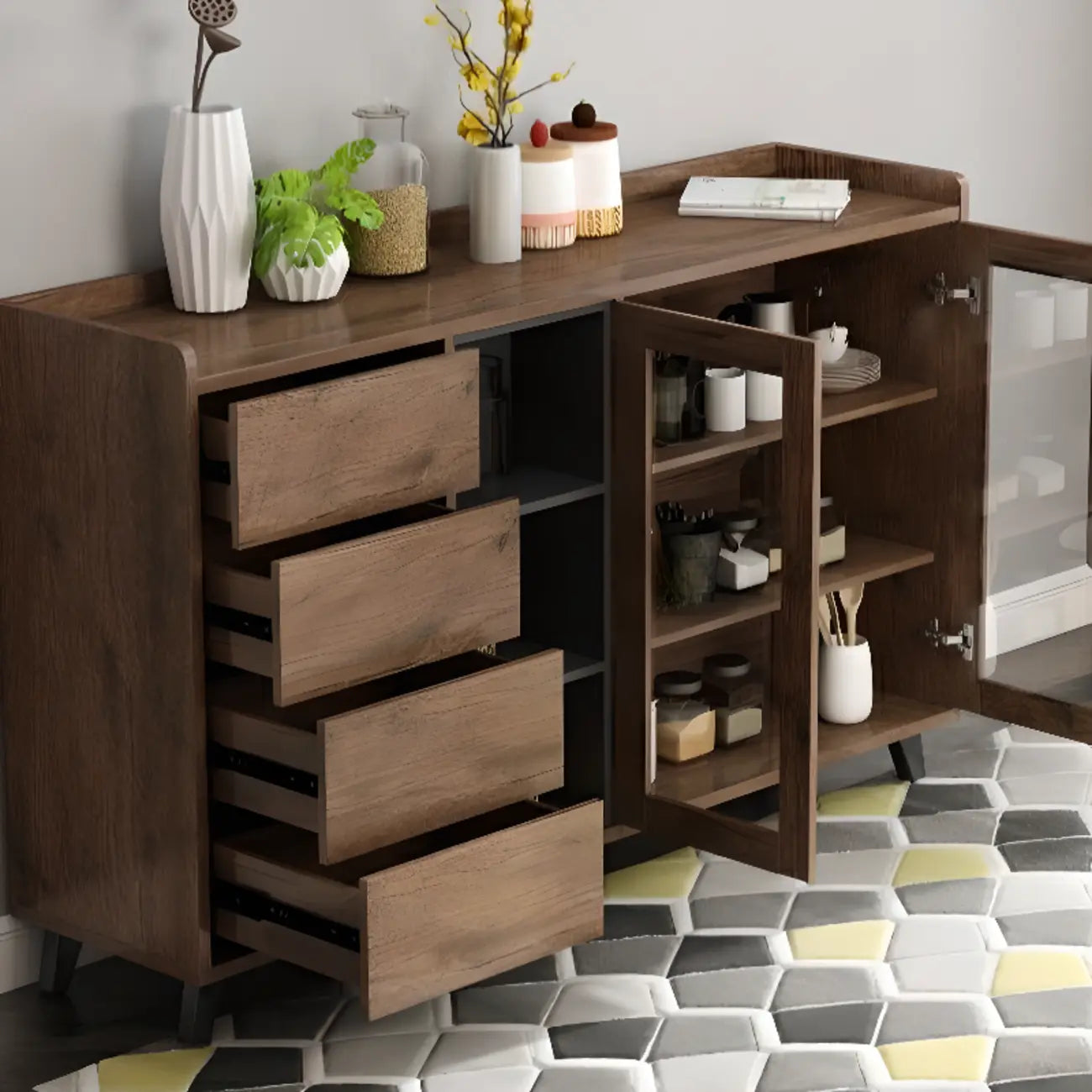 Credenza in legno tortora a 4 cassetti con ante in vetro