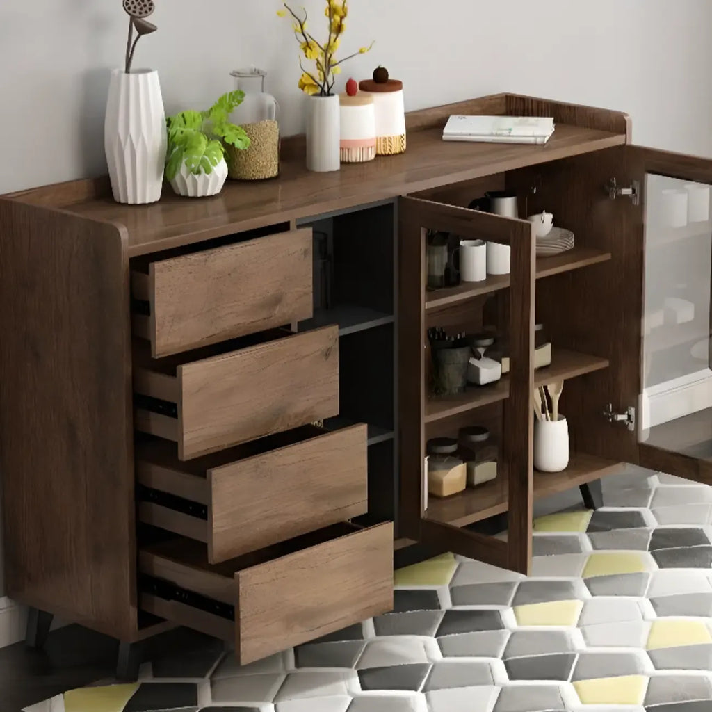 Credenza in legno tortora a 4 cassetti con ante in vetro