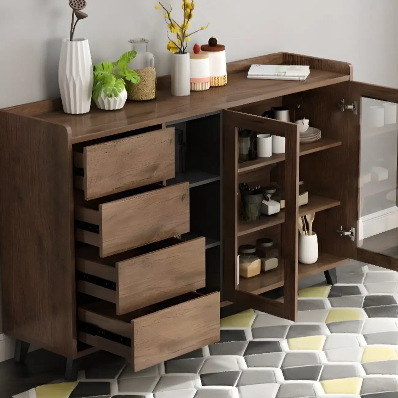 Credenza in legno tortora a 4 cassetti con ante in vetro