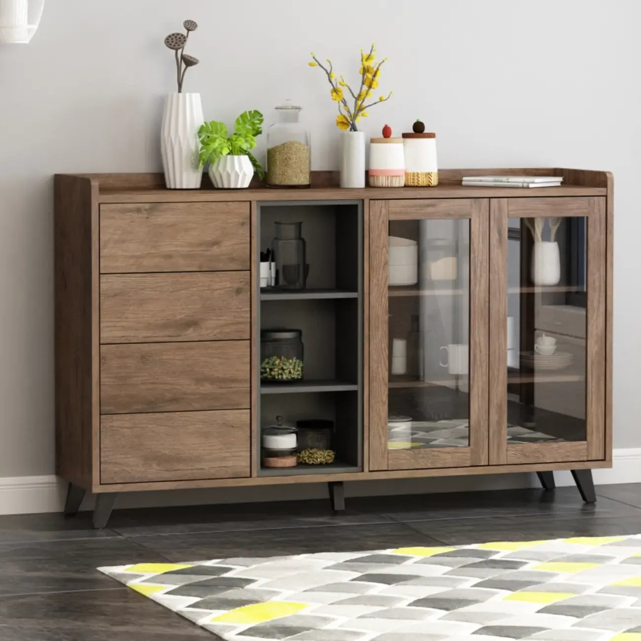 Credenza in legno tortora a 4 cassetti con ante in vetro