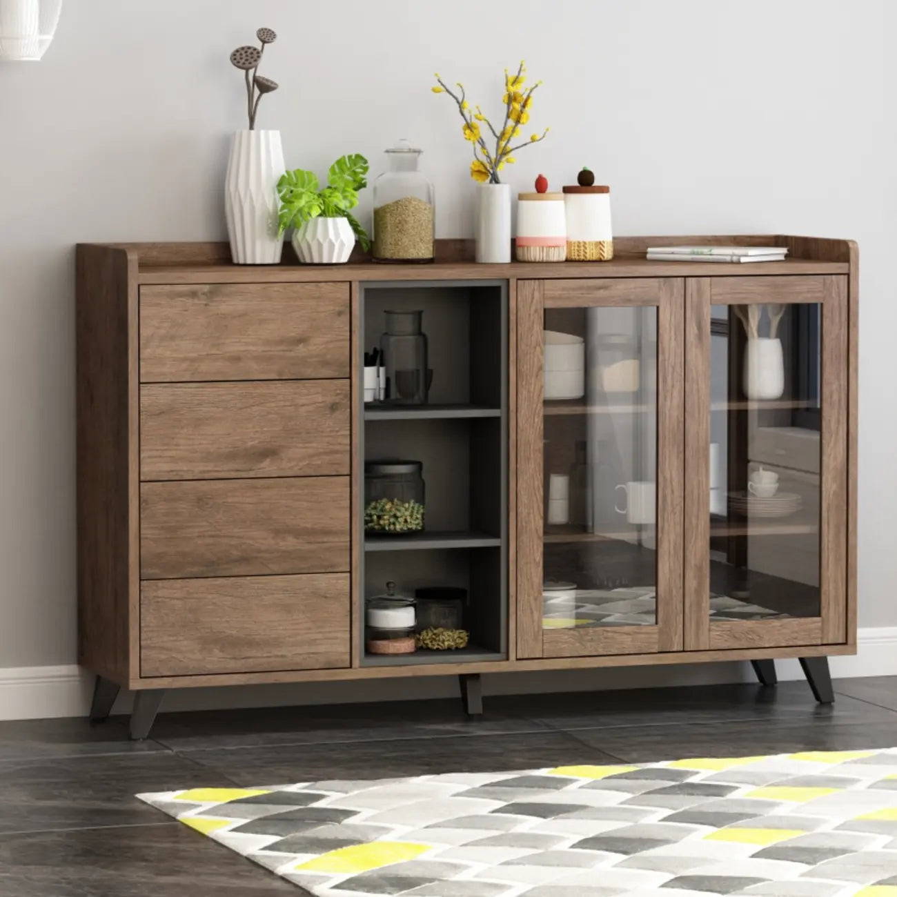 Credenza in legno tortora a 4 cassetti con ante in vetro